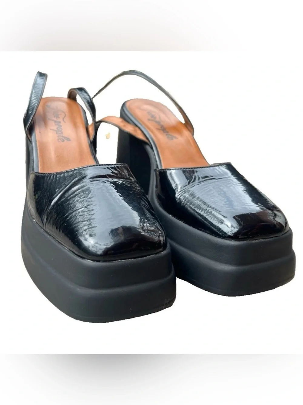 Free People Mary Janes Black Double Stack Platform Patent Leather Heels Sz 9.5